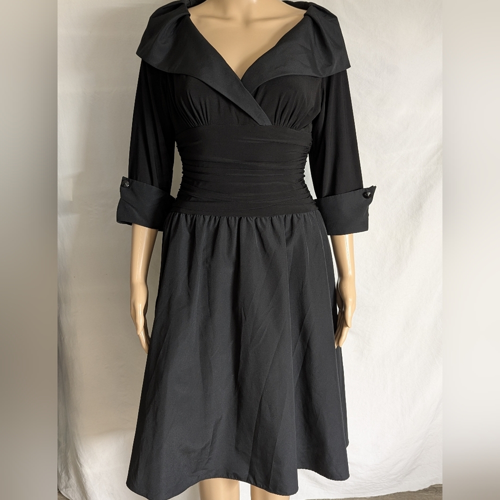 Eliza J Fit And Flare Black Dress Portrait Collar V Neck Sz 8 Cuffed 3/4 Sleeves